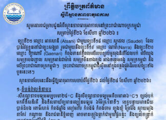 ក្រសួងធនធានទឹក ជូនដំណឹងអំពីស្ថានភាពធាតុអាកាសនៅកម្ពុជា សម្រាប់ថ្ងៃទី២៦ ខែសីហា ឆ្នាំ២០២៦